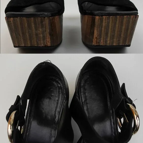 Celine Black Suede Platform Wavy Wood Block Heeled Buckle Sandal - FR 39/US 9 - Picture 4 of 12